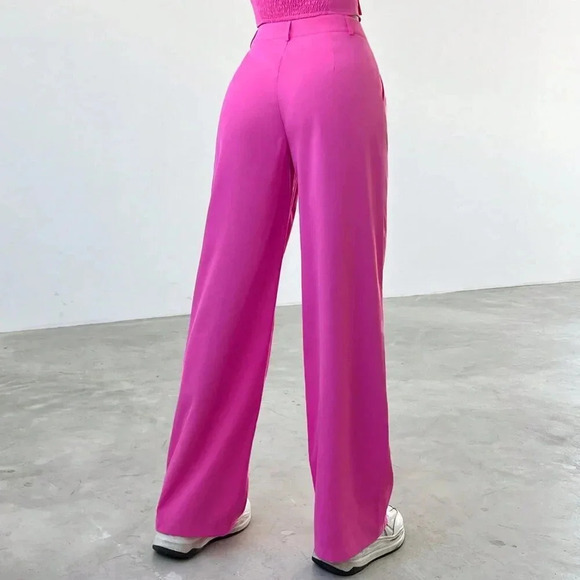 Hot Pink Casual Women's Strapless Button Up Top And Pants Set - Picture 4 of 6